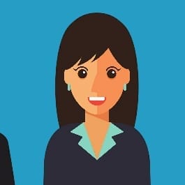 A cartoon lady with dark hair on a blue background.
