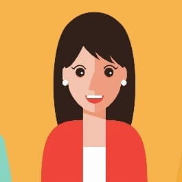 A cartoon lady with dark hair on an orange background.
