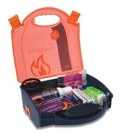 An orange burns first aid kit open to display the contents.