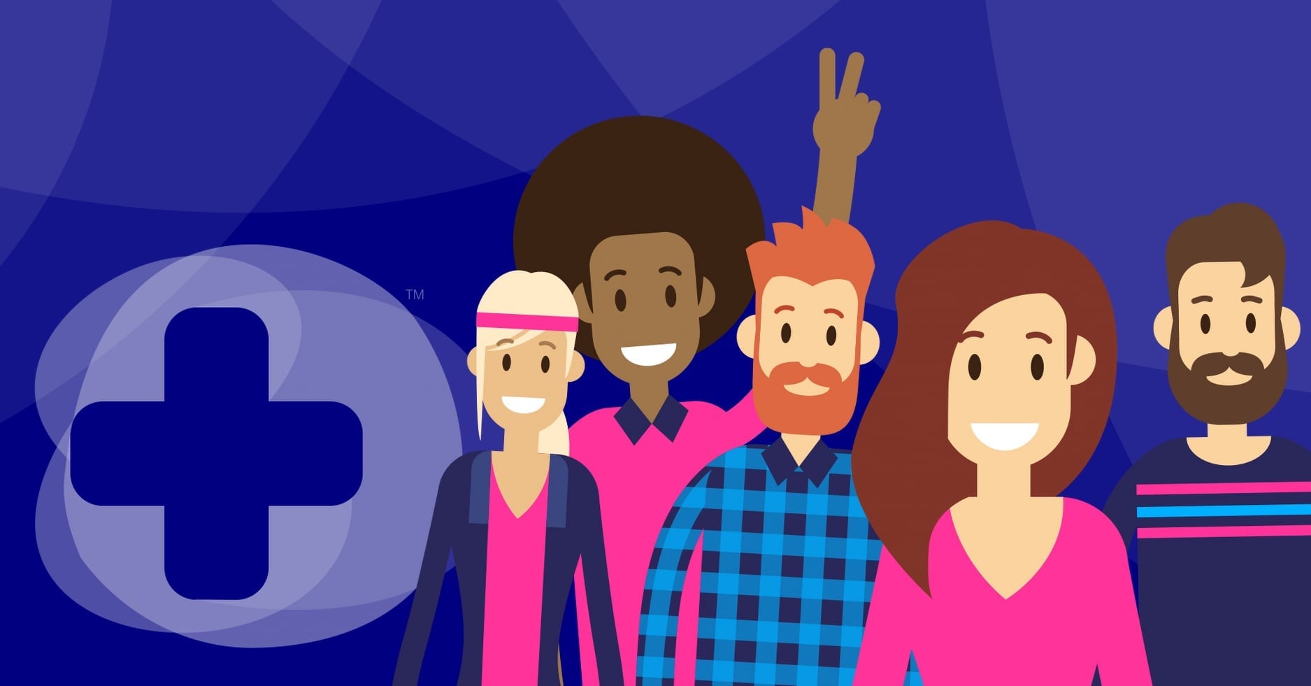 a group of cartoon people stood in front of a Skillbase first aid banner