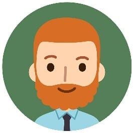 A cartoon man with orange hair and beard on a green background.m