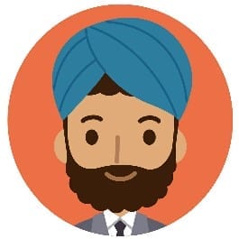 A cartoon man wearing a turban on an orange background.m