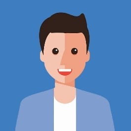 A cartoon man with dark hair on a blue background.