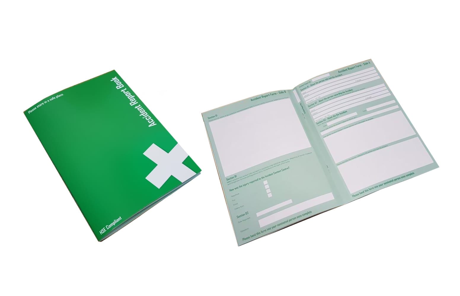 An accident book being displayed both open and closed.