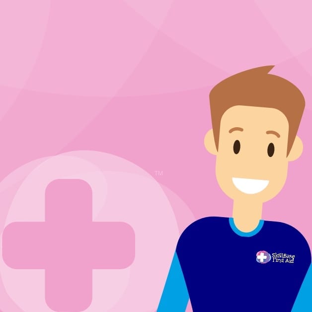 A cartoon man wearing a skillbase first aid shirt on a skillbase branded background.