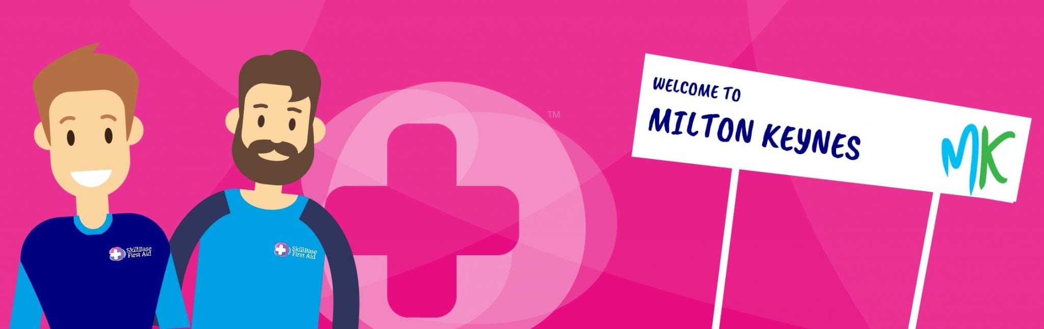 Two cartoon men on a pink banner with the text "welcome to Milton Keynes"