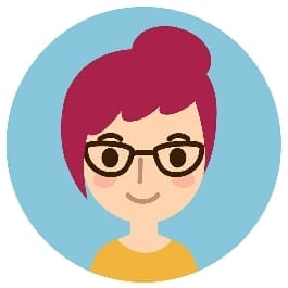 A cartoon lady with pink tied up hair and glasses on a pink background