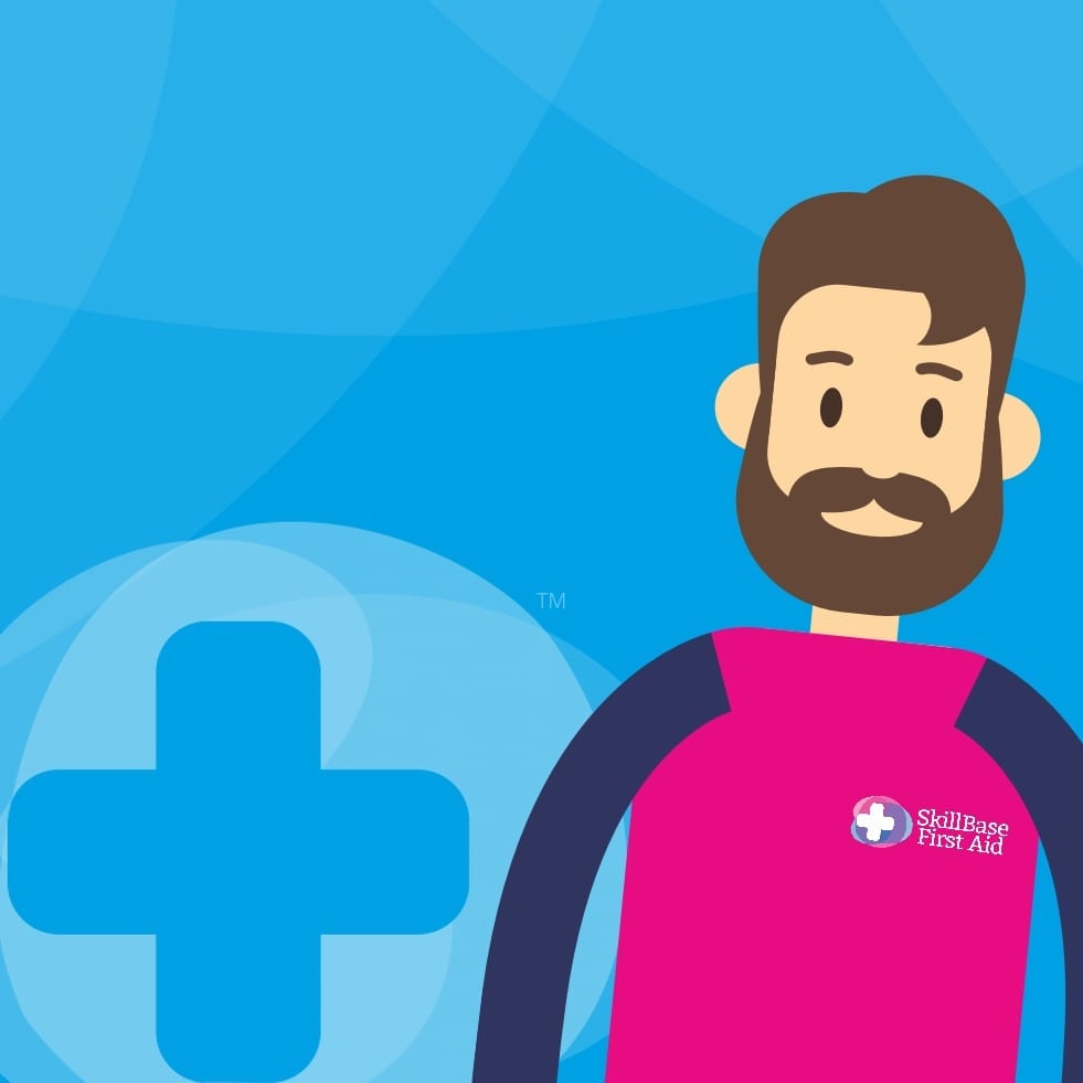 A cartoon man wearing a skill base first aid long sleeve shirt on a blue background.