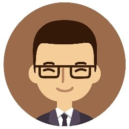 A cartoon man with dark hair and glasses on a brown background
