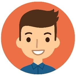 A cartoon man with brown hair on a orange background