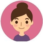 A cartoon lady with tied up brown hair on a pink background.