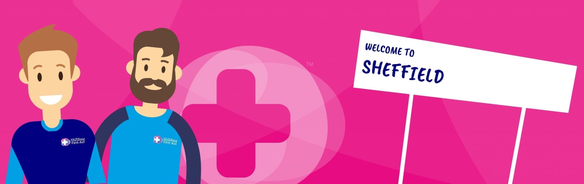 Two cartoon men in skillbase uniforms on a pink background with a welcome to Sheffield sign.
