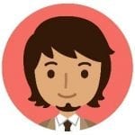 A cartoon of a dark haired man on a red background